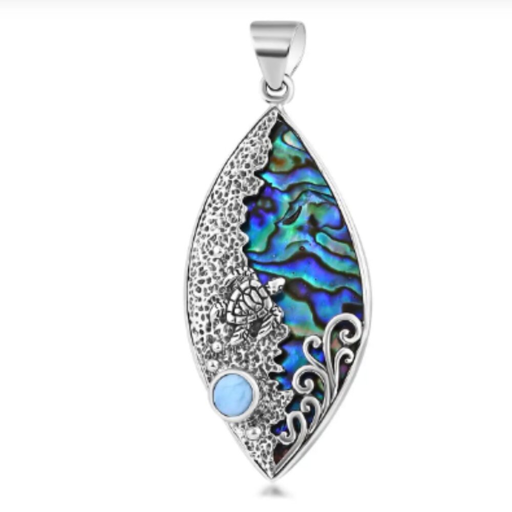 Bali Legacy Abalone Shell and Larimar Sea Turtle Pendant in Sterling Silver